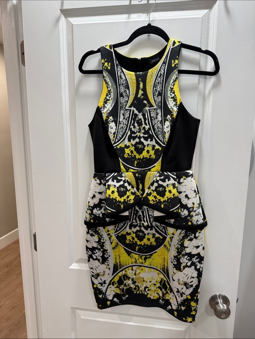 River Island Yellow, Black and White Peplum Bodycon Dress